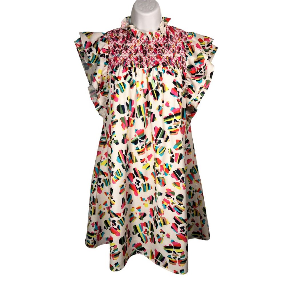 CROSBY by Mollie Burch White Multicolor Smocked Ruffle Mini Dress